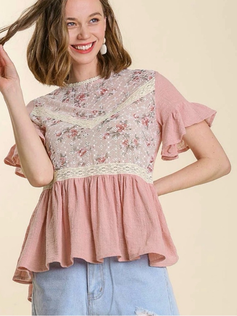 Umgee Blush Pink Floral Lace Peplum Blouse Babydoll Cotton Flutter Sleeve Sz LG